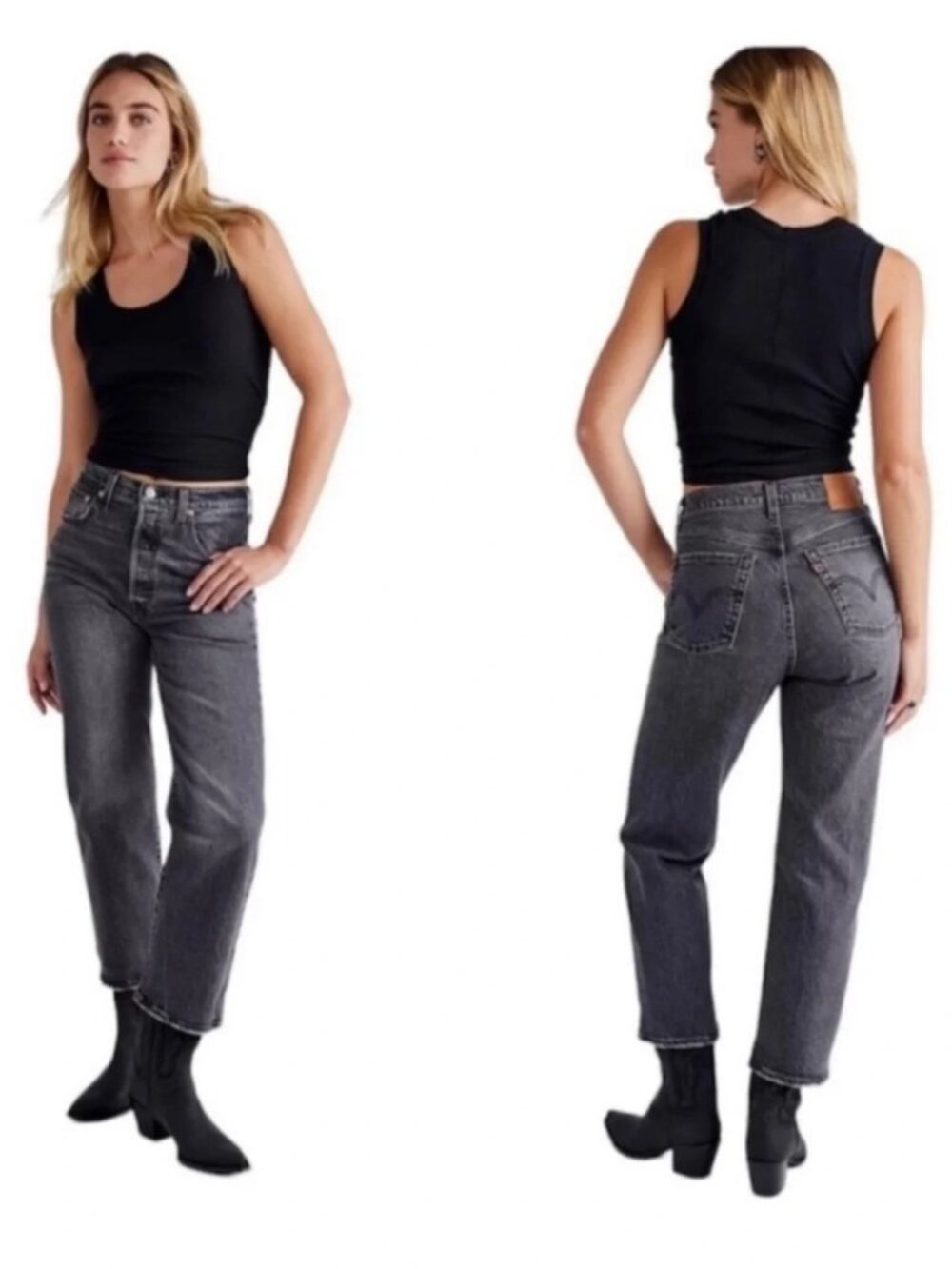 LEVI'S Ribcage Straight Ankle Jeans Womens 32 Gray Charcoal High Rise Stretch